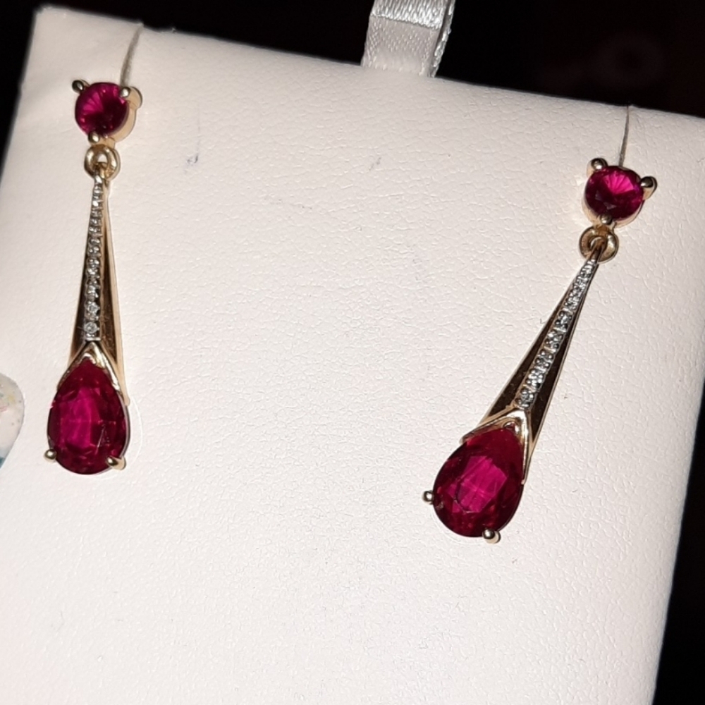 AUTHENTIC GENUINE SOLID 10K YELLOW GOLD RUBY & DIAMOND DANGLE EARRINGS GIFT 🎁